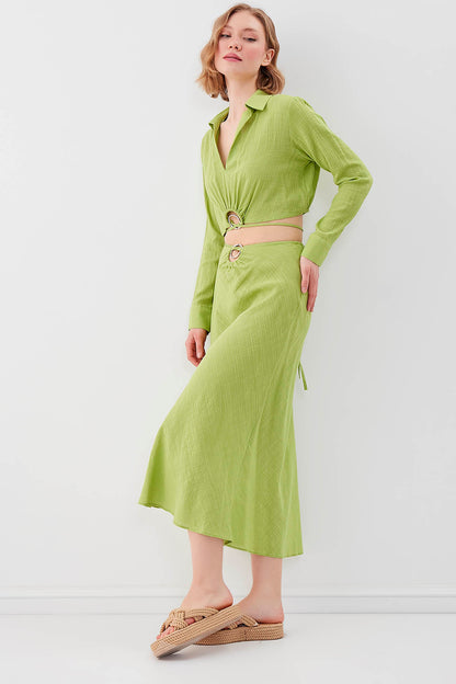 RING-DETAILED VISCOSE  LINEN MIDI SKIRT