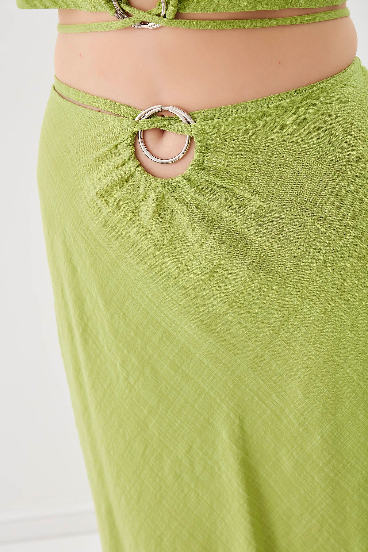 RING-DETAILED VISCOSE  LINEN MIDI SKIRT