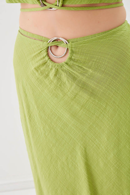 RING-DETAILED VISCOSE  LINEN MIDI SKIRT