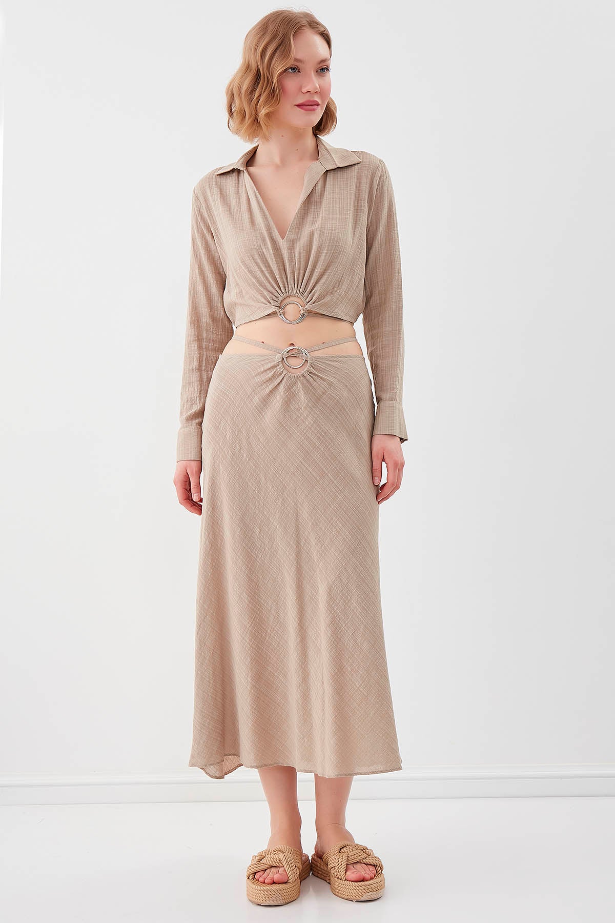 RING-DETAILED VISCOSE  LINEN MIDI SKIRT