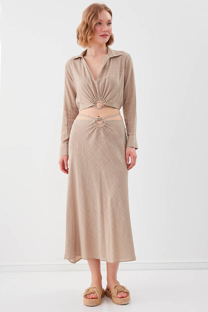 RING-DETAILED VISCOSE  LINEN MIDI SKIRT