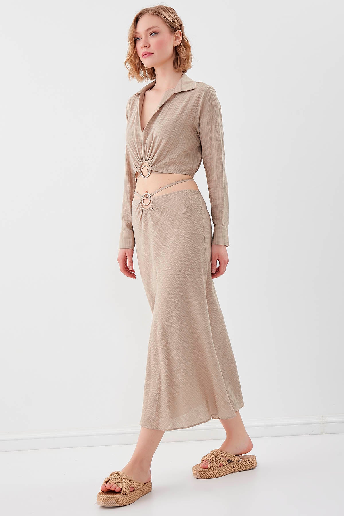 RING-DETAILED VISCOSE  LINEN MIDI SKIRT