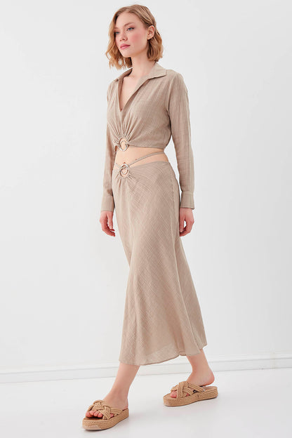 RING-DETAILED VISCOSE  LINEN MIDI SKIRT