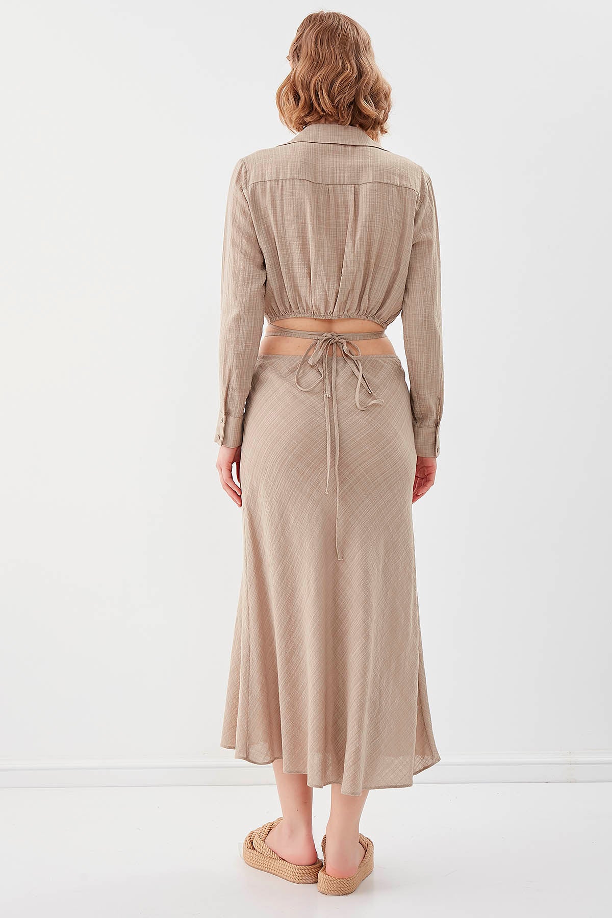 RING-DETAILED VISCOSE  LINEN MIDI SKIRT