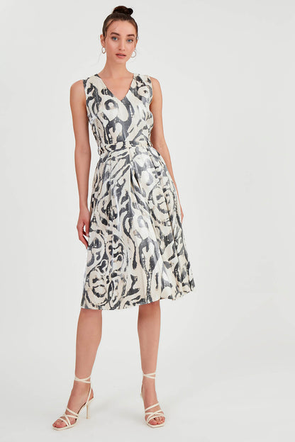 GLOSSY SATIN PATTERNED DRESS WITH BELT