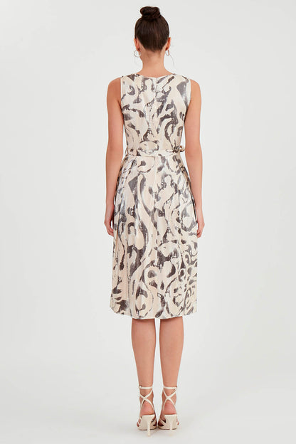 GLOSSY SATIN PATTERNED DRESS WITH BELT