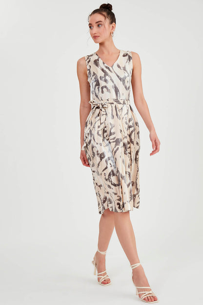 GLOSSY SATIN PATTERNED DRESS WITH BELT