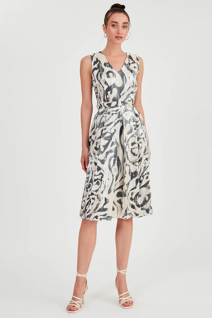 GLOSSY SATIN PATTERNED DRESS WITH BELT