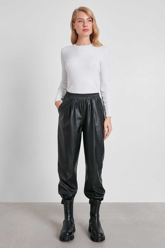 FAUX LEATHER TROUSERS WITH ELASTANE WAIST