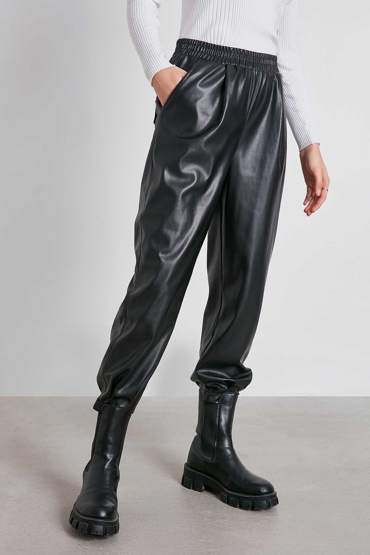 FAUX LEATHER TROUSERS WITH ELASTANE WAIST