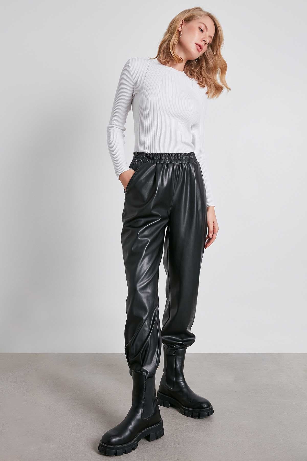 FAUX LEATHER TROUSERS WITH ELASTANE WAIST