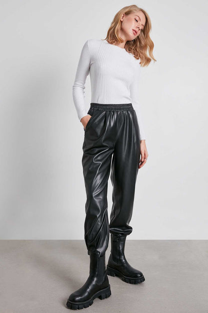 FAUX LEATHER TROUSERS WITH ELASTANE WAIST