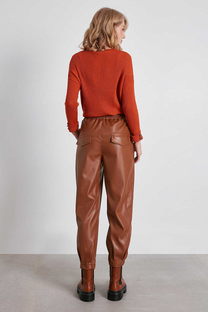 FAUX LEATHER TROUSERS WITH ELASTANE WAIST