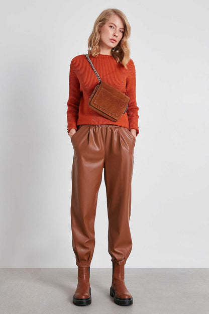 FAUX LEATHER TROUSERS WITH ELASTANE WAIST