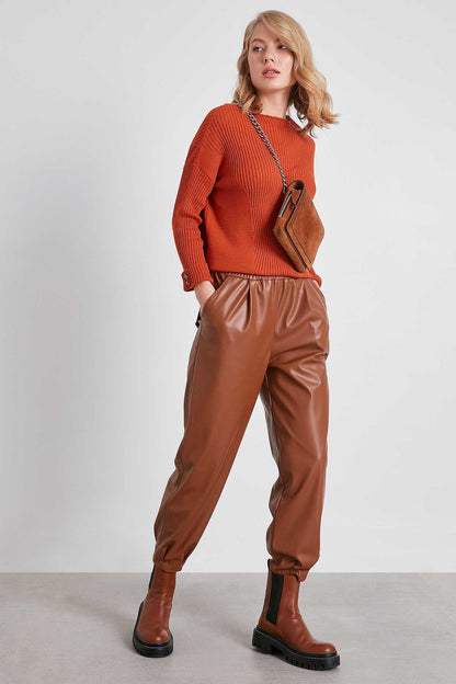 FAUX LEATHER TROUSERS WITH ELASTANE WAIST