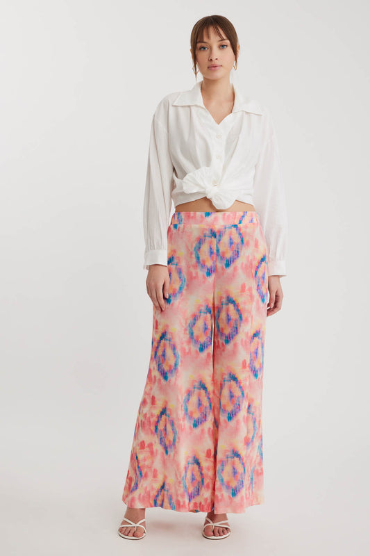 BELGIAN STYLE ELASTANE WAIST WIDE-LEG BOHEMIAN COLORED PATTERN TROUSERS