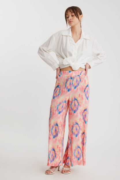 BELGIAN STYLE ELASTANE WAIST WIDE-LEG BOHEMIAN COLORED PATTERN TROUSERS