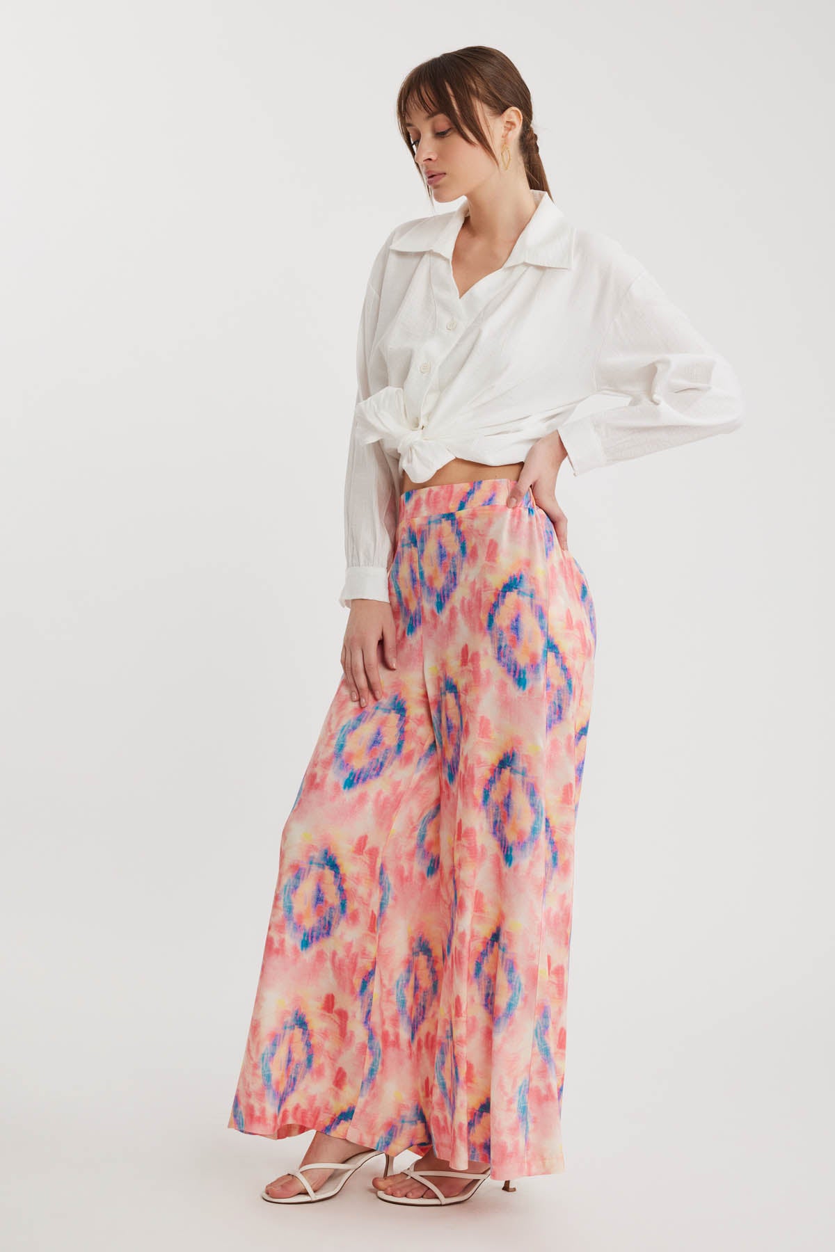 BELGIAN STYLE ELASTANE WAIST WIDE-LEG BOHEMIAN COLORED PATTERN TROUSERS