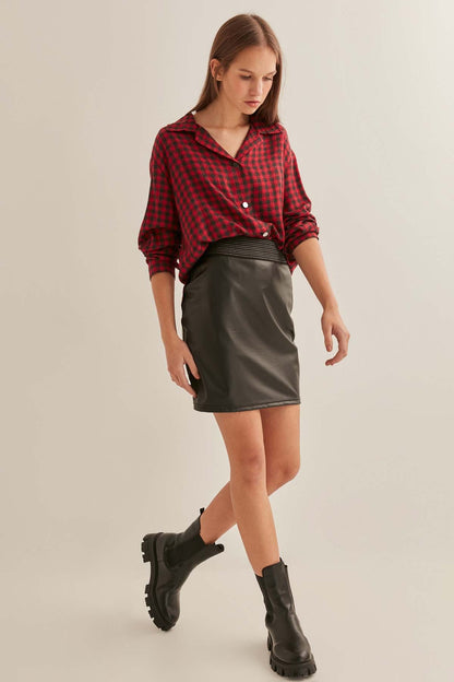 WAIST ELASTANE FAUX LEATHER MINI-SKIRT