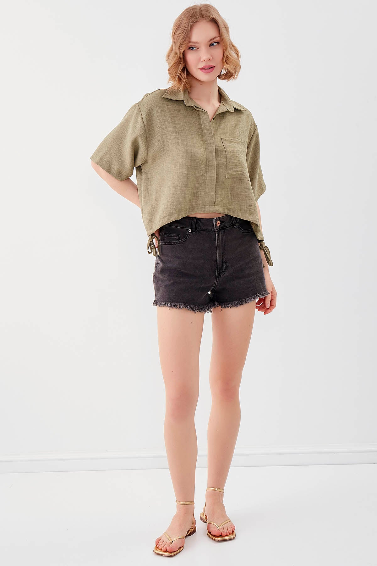 ONE-POCKET CROP SHIRT WITH ELASTANE WAIST
