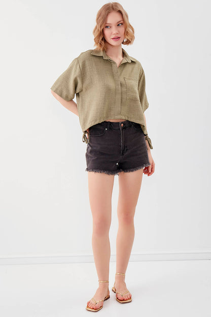 ONE-POCKET CROP SHIRT WITH ELASTANE WAIST