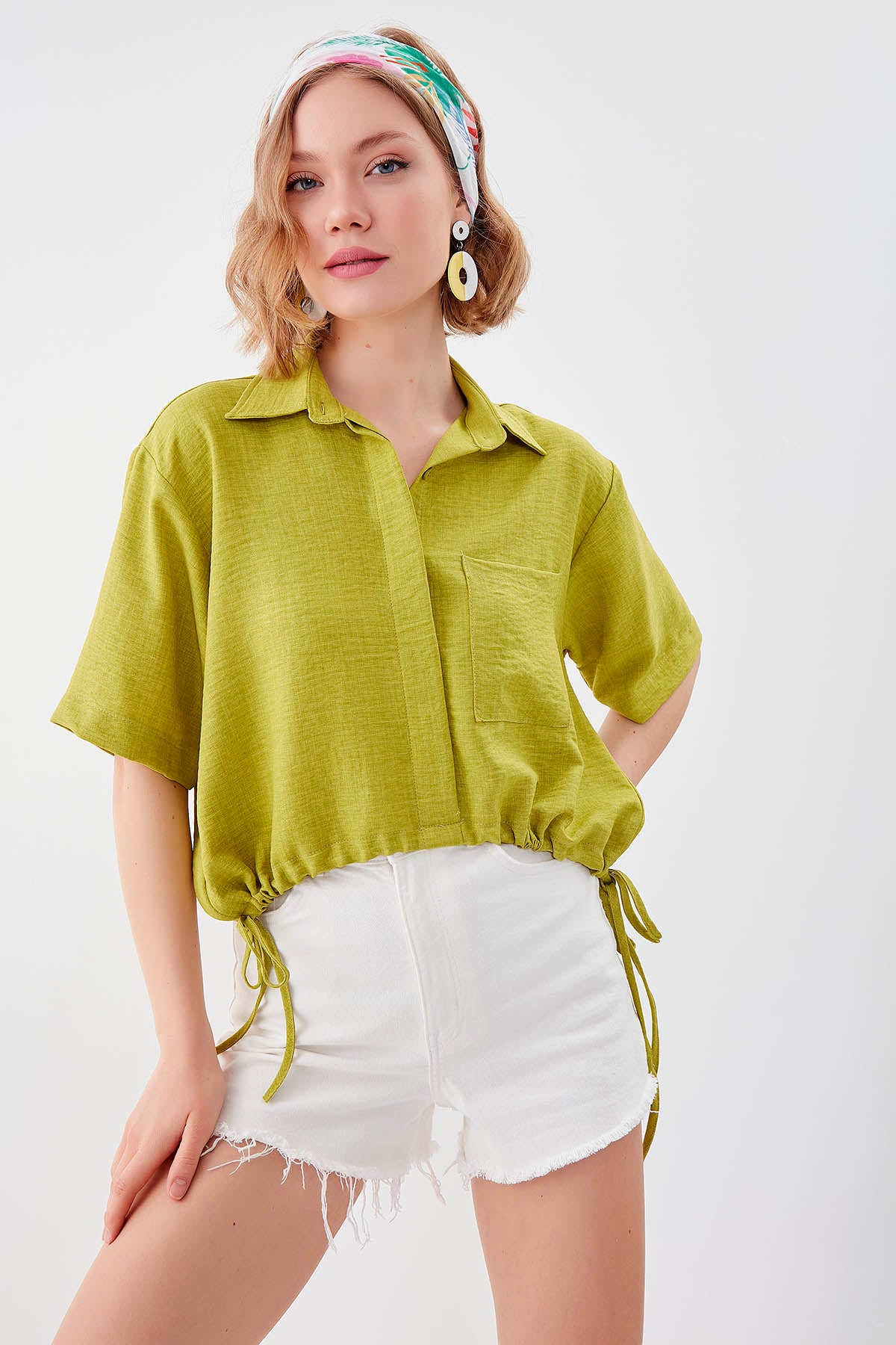 ONE-POCKET CROP SHIRT WITH ELASTANE WAIST