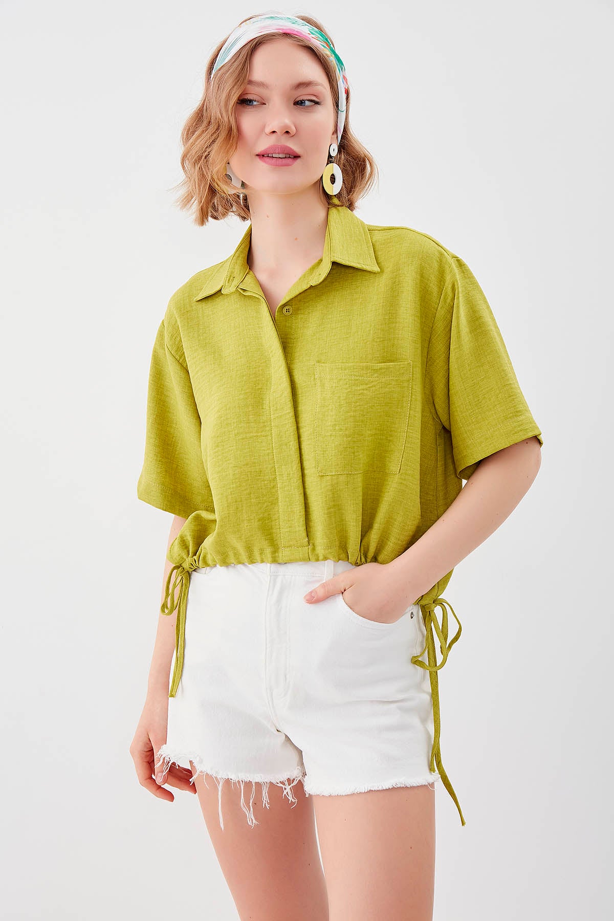 ONE-POCKET CROP SHIRT WITH ELASTANE WAIST