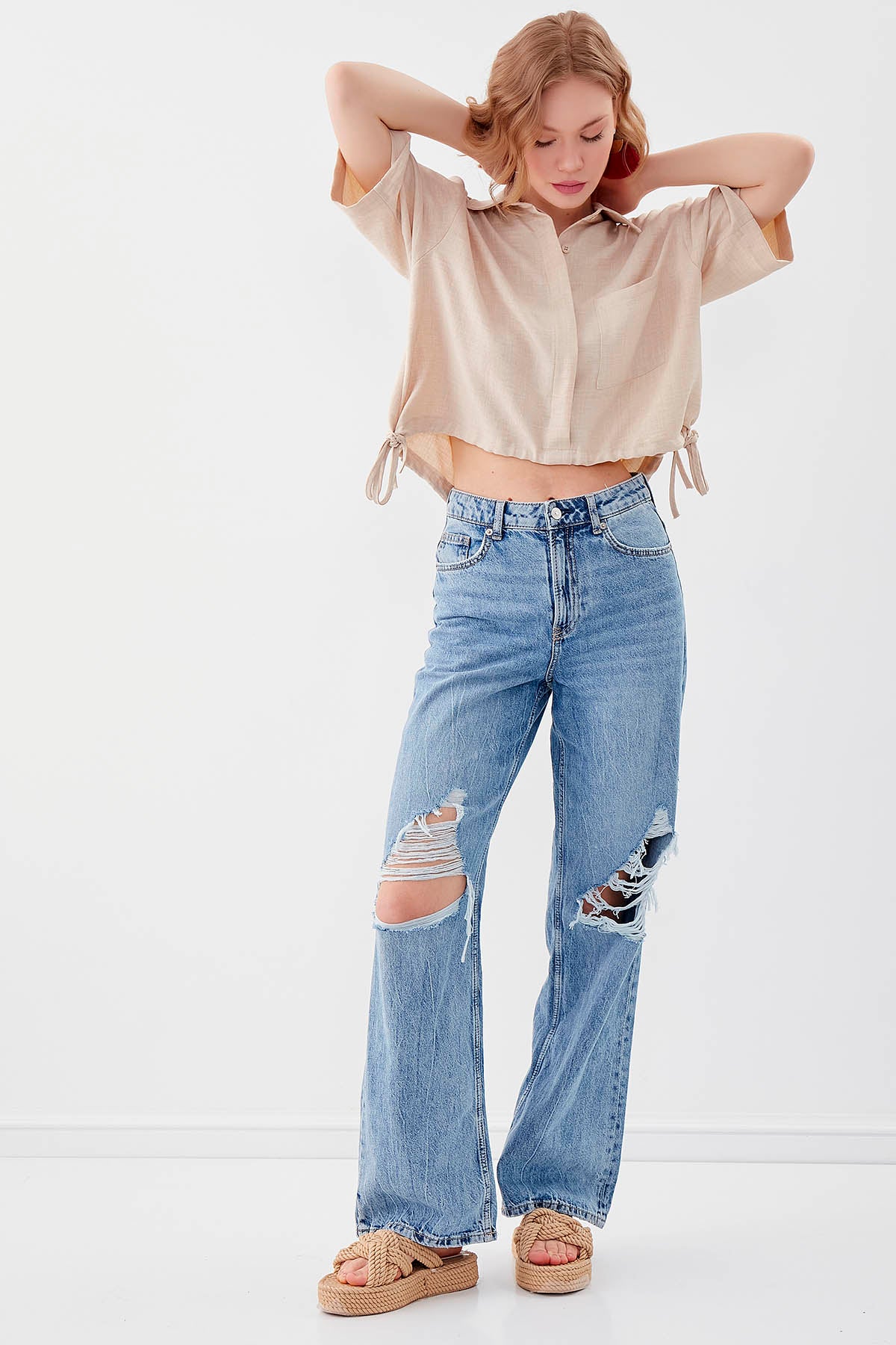 ONE-POCKET CROP SHIRT WITH ELASTANE WAIST