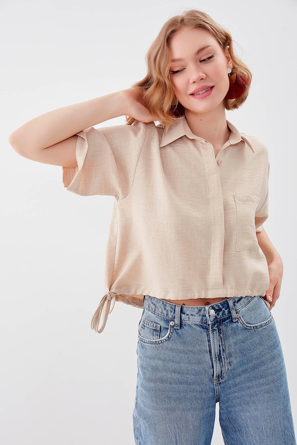 ONE-POCKET CROP SHIRT WITH ELASTANE WAIST