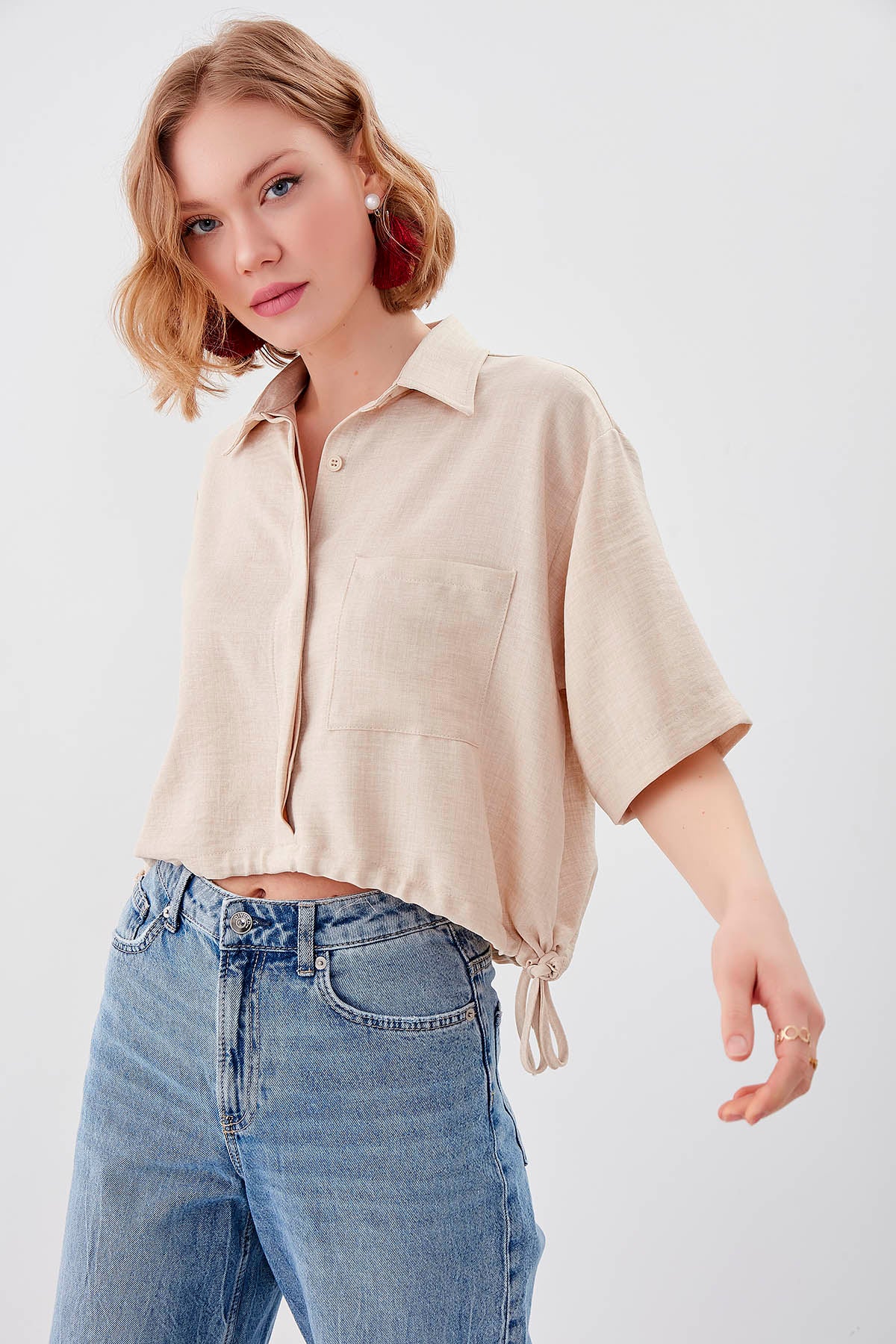 ONE-POCKET CROP SHIRT WITH ELASTANE WAIST