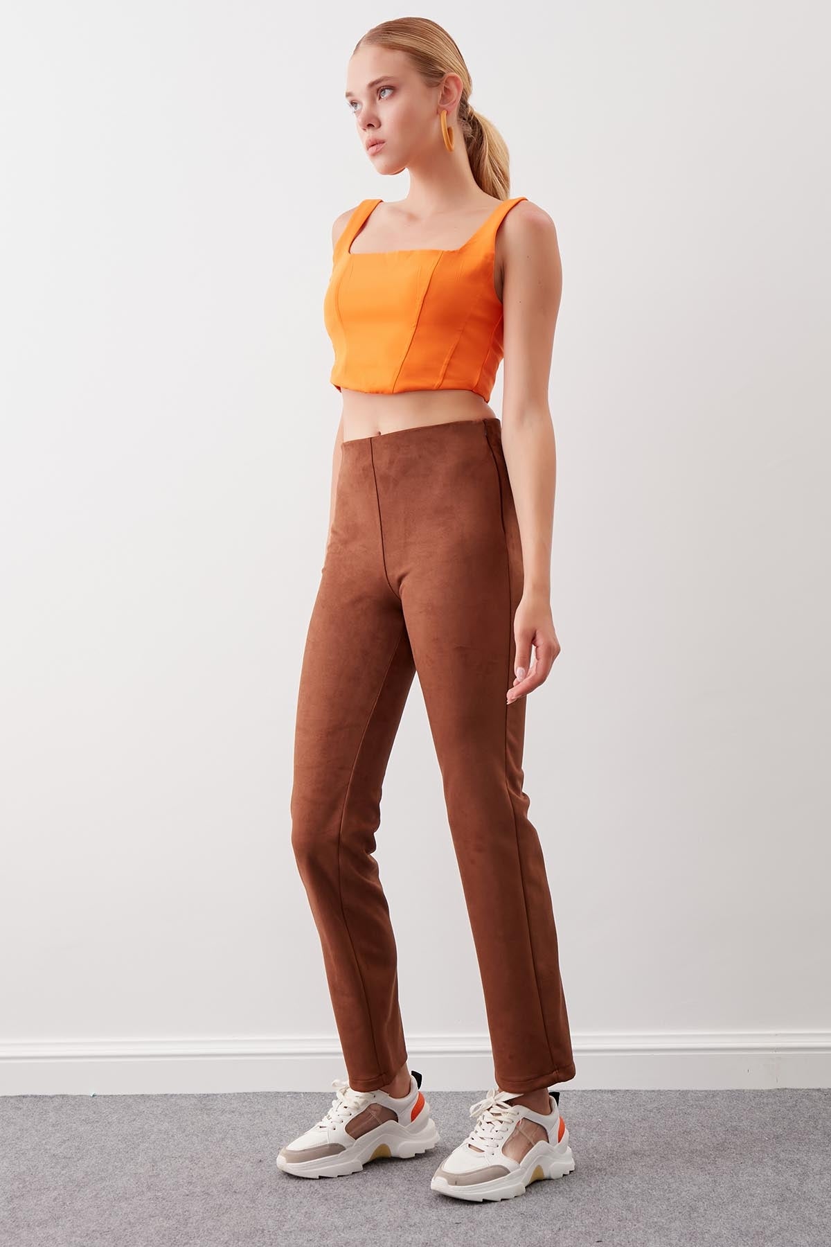 SUEDE TROUSERS WITH ELASTANE WAIST & ZIPPERS