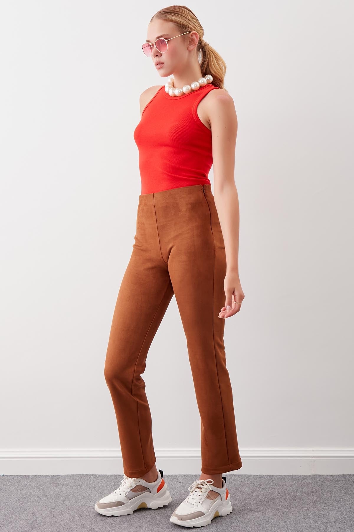 SUEDE TROUSERS WITH ELASTANE WAIST & ZIPPERS