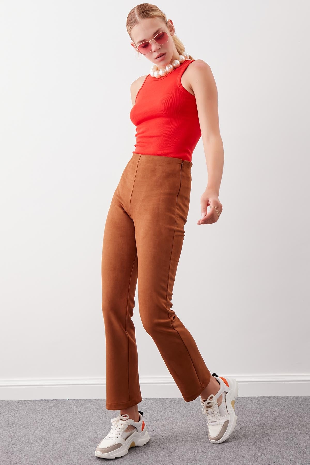 SUEDE TROUSERS WITH ELASTANE WAIST & ZIPPERS