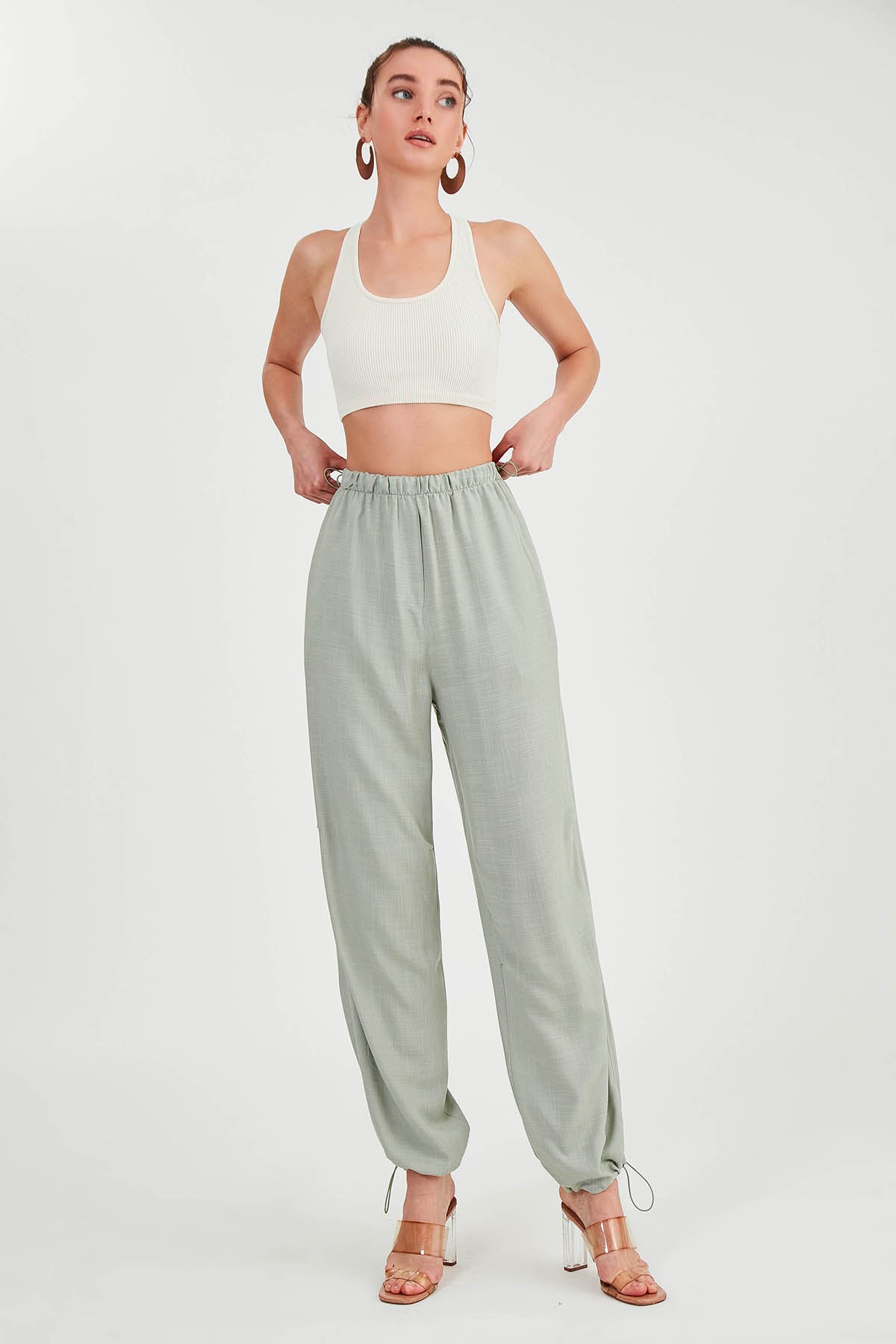 VISCOSE LINEN TROUSERS WITH ELASTANE WAIST AND CUFFS
