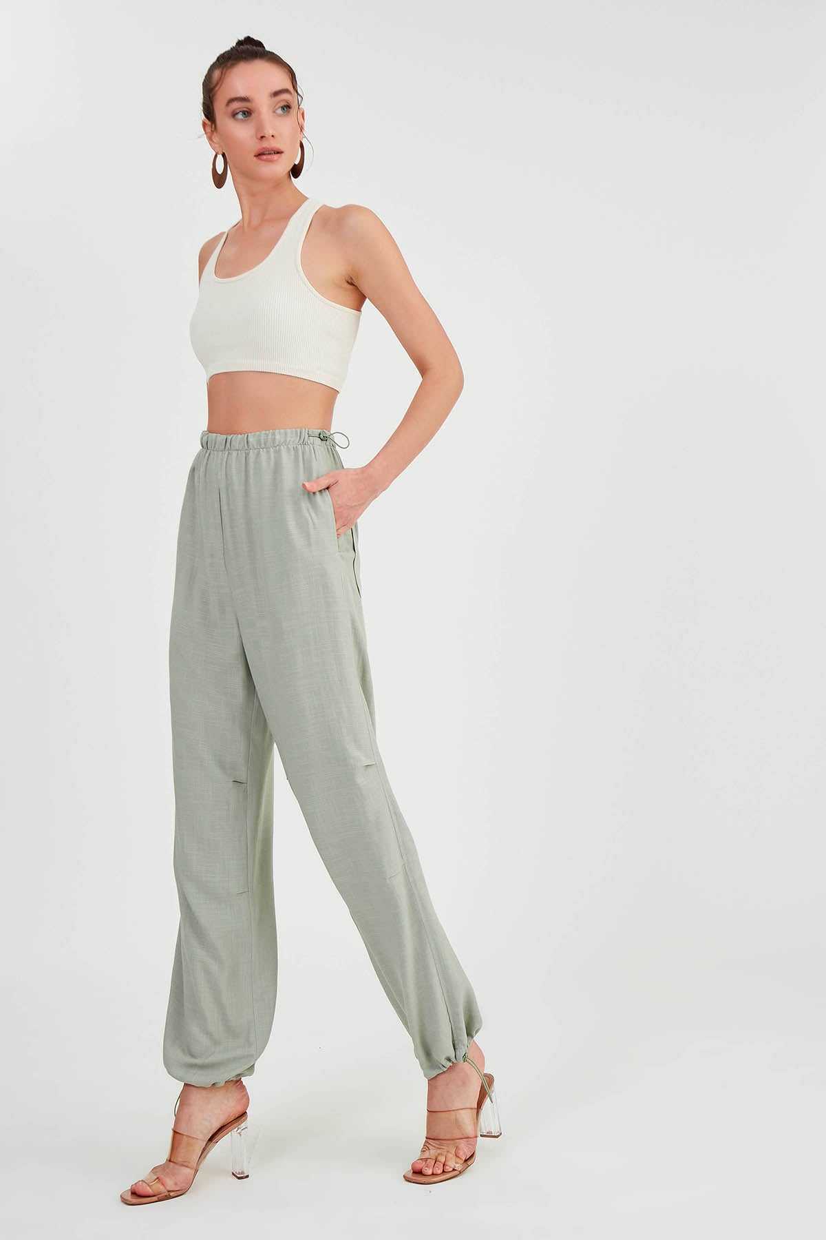 VISCOSE LINEN TROUSERS WITH ELASTANE WAIST AND CUFFS