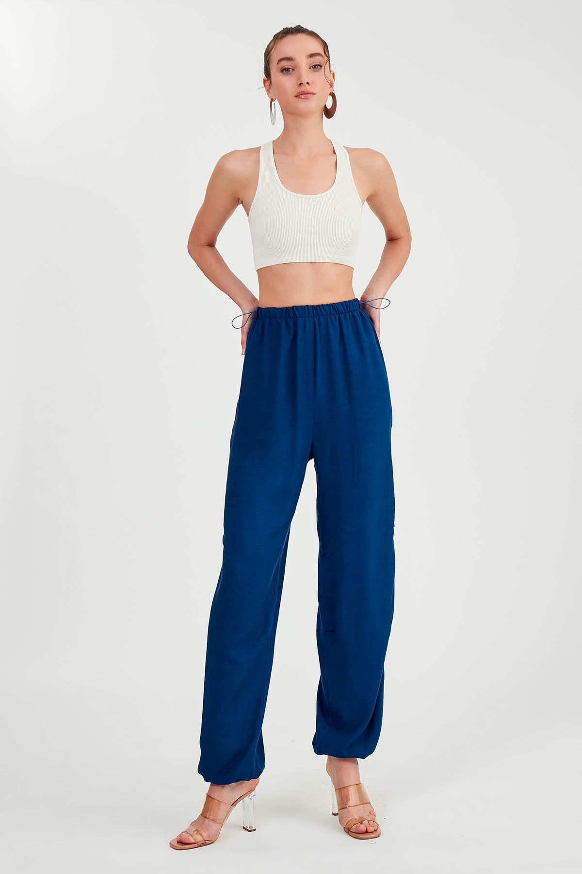 VISCOSE LINEN TROUSERS WITH ELASTANE WAIST AND CUFFS