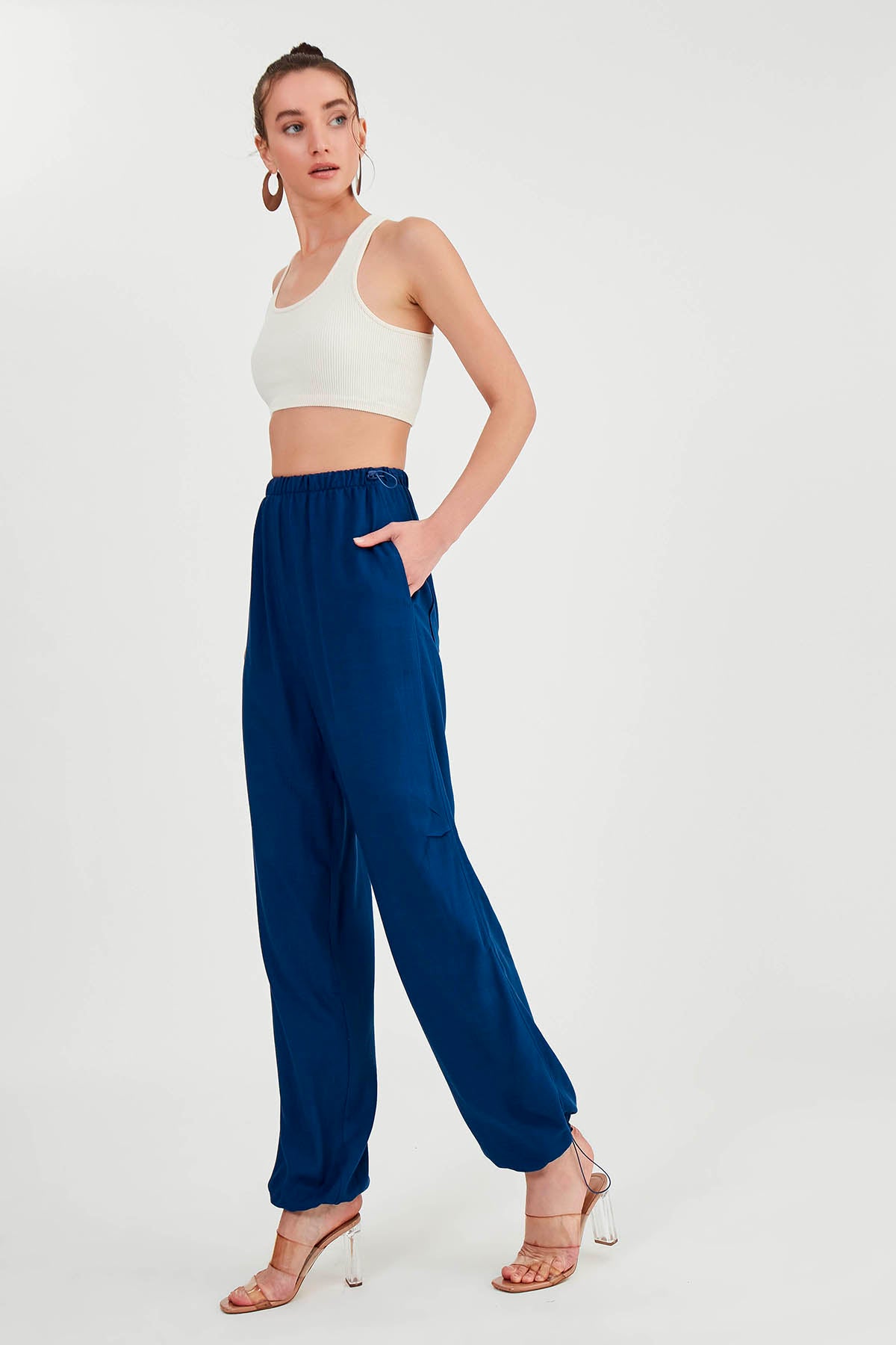 VISCOSE LINEN TROUSERS WITH ELASTANE WAIST AND CUFFS