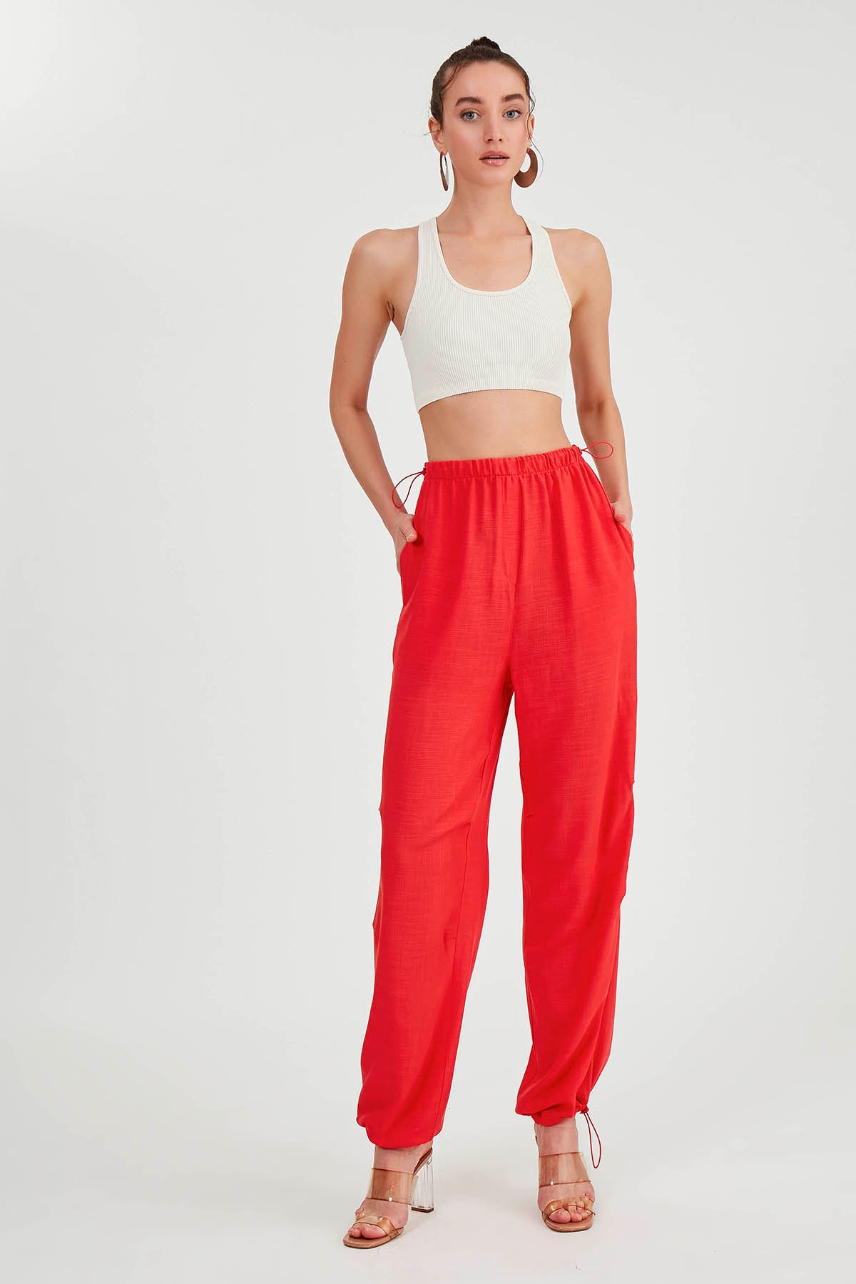 VISCOSE LINEN TROUSERS WITH ELASTANE WAIST AND CUFFS