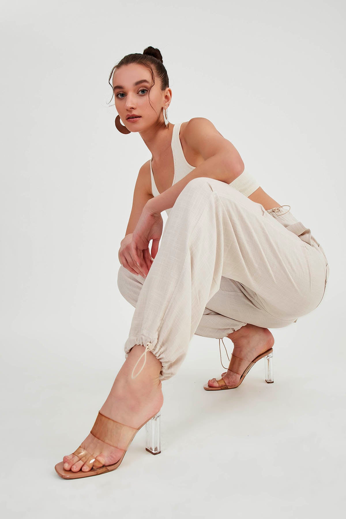VISCOSE LINEN TROUSERS WITH ELASTANE WAIST AND CUFFS