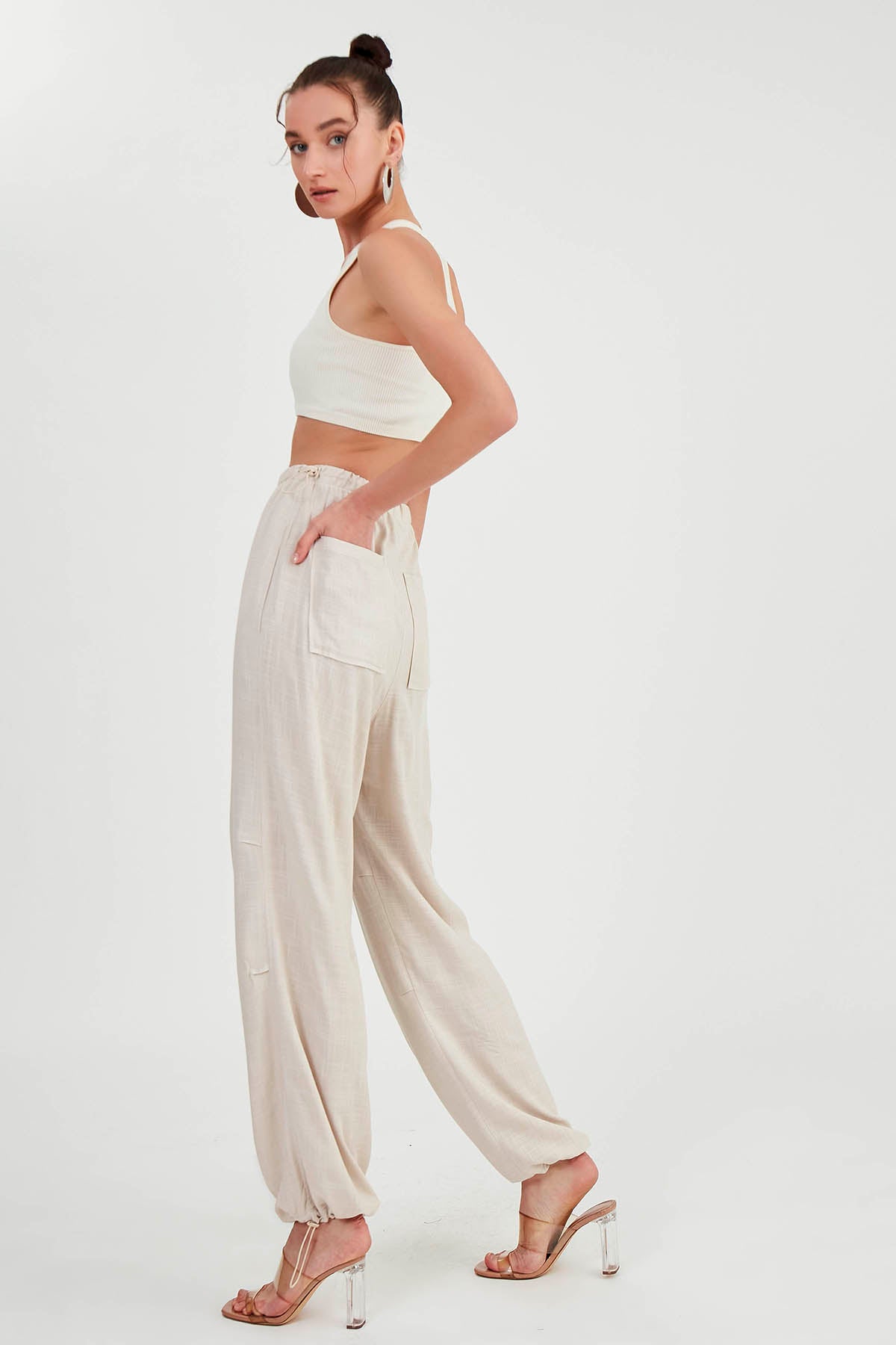 VISCOSE LINEN TROUSERS WITH ELASTANE WAIST AND CUFFS