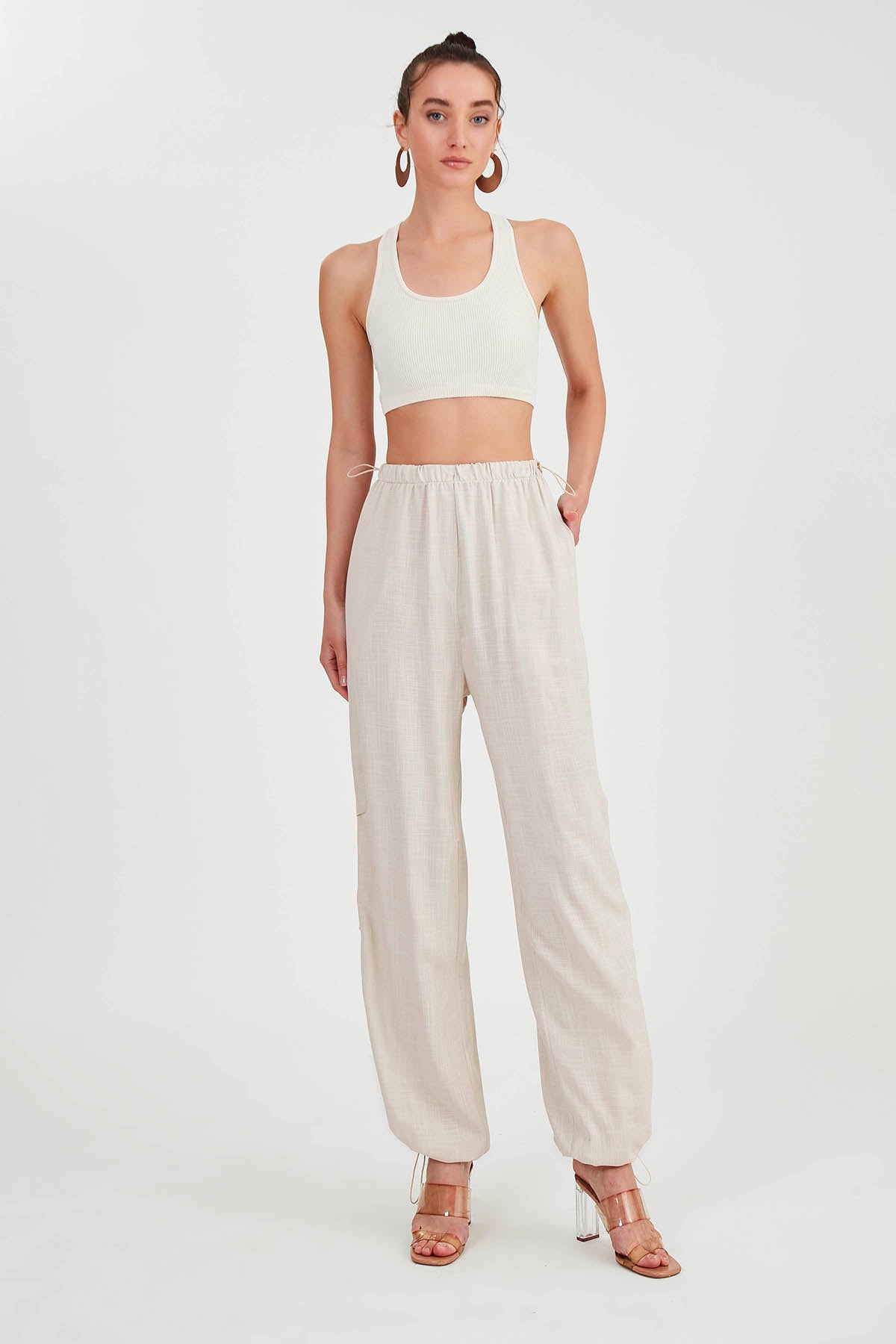 VISCOSE LINEN TROUSERS WITH ELASTANE WAIST AND CUFFS