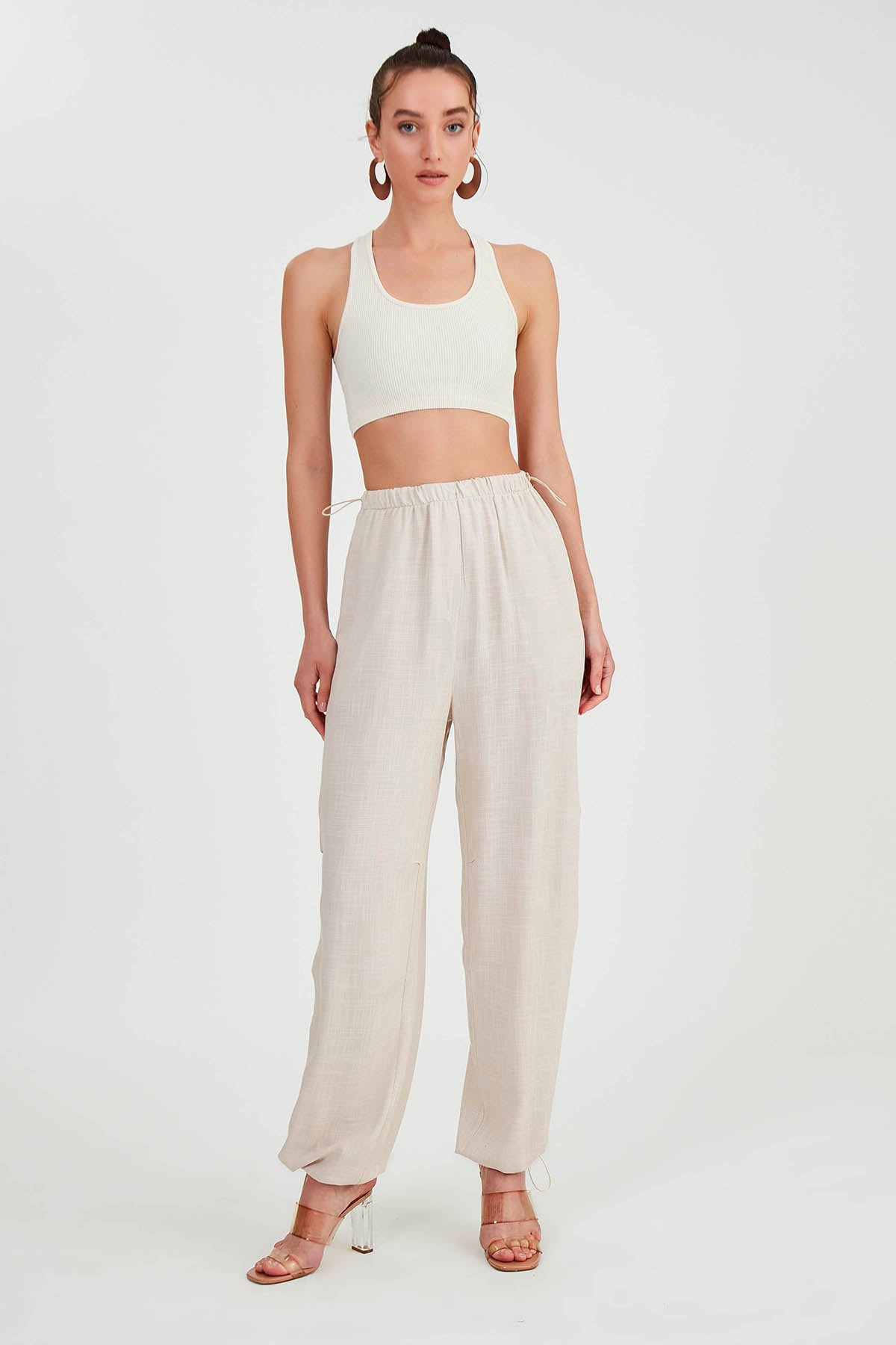 VISCOSE LINEN TROUSERS WITH ELASTANE WAIST AND CUFFS
