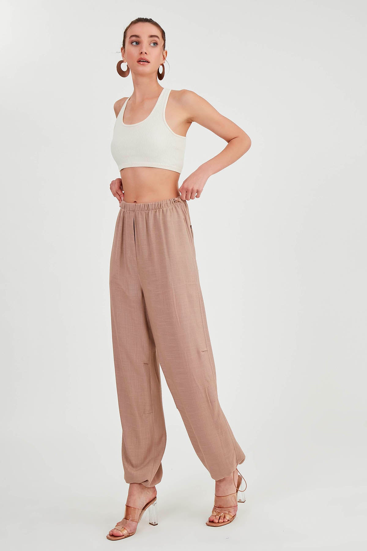 VISCOSE LINEN TROUSERS WITH ELASTANE WAIST AND CUFFS