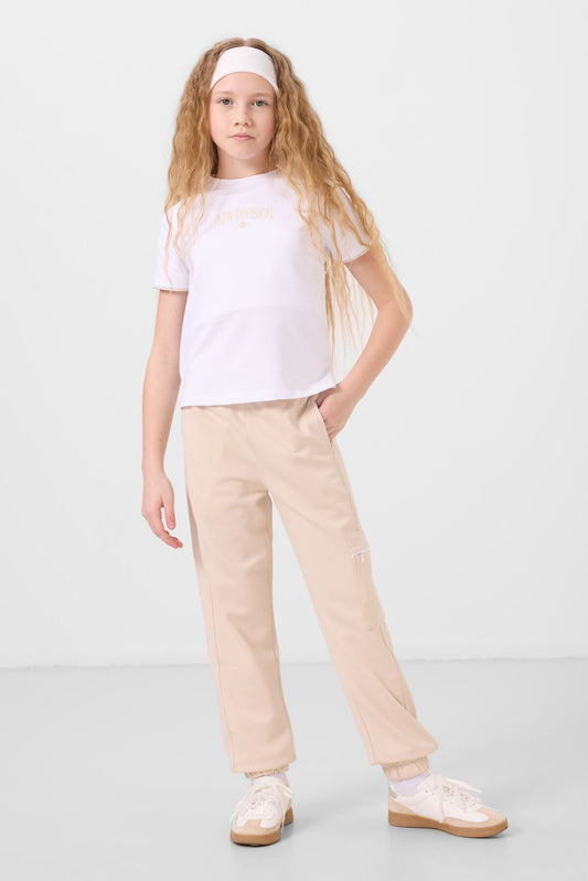 White-beige O-collar printed rubber sleeve cargo pocketed tracksuit set - 75173