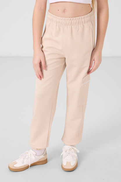 White-beige O-collar printed rubber sleeve cargo pocketed tracksuit set - 75173