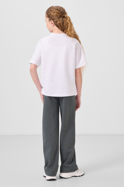 White-Khaki Round Collar Printed Wide Sleeve Standard Fit Girls Palazzo Tracksuit Set - 75171