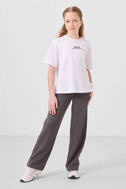 White-Dark Grey O Collar Printed Wide Sleeve Standard Fit Palazzo Tracksuit Set - 75171