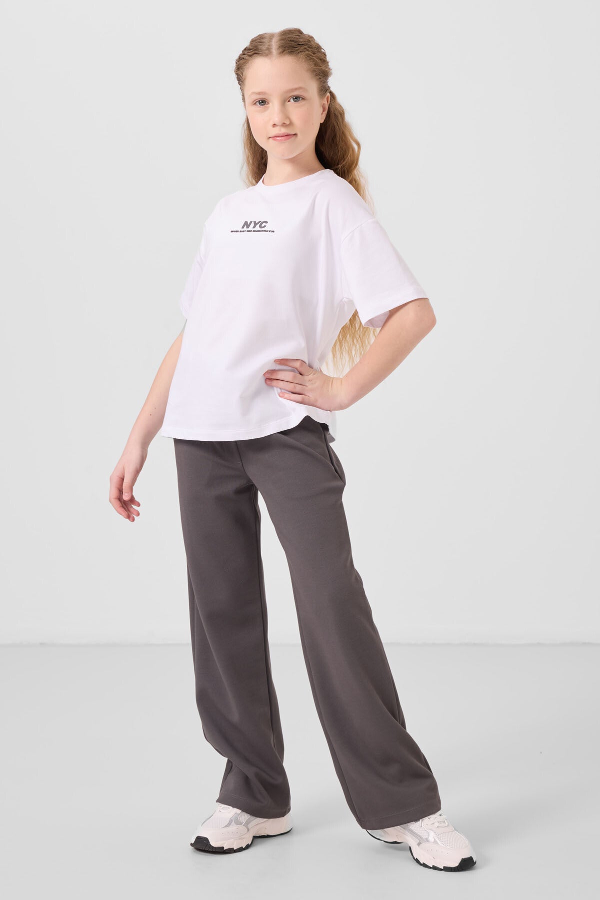 White-Dark Grey O Collar Printed Wide Sleeve Standard Fit Palazzo Tracksuit Set - 75171