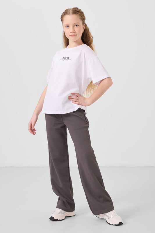 White-Dark Grey O Collar Printed Wide Sleeve Standard Fit Palazzo Tracksuit Set - 75171