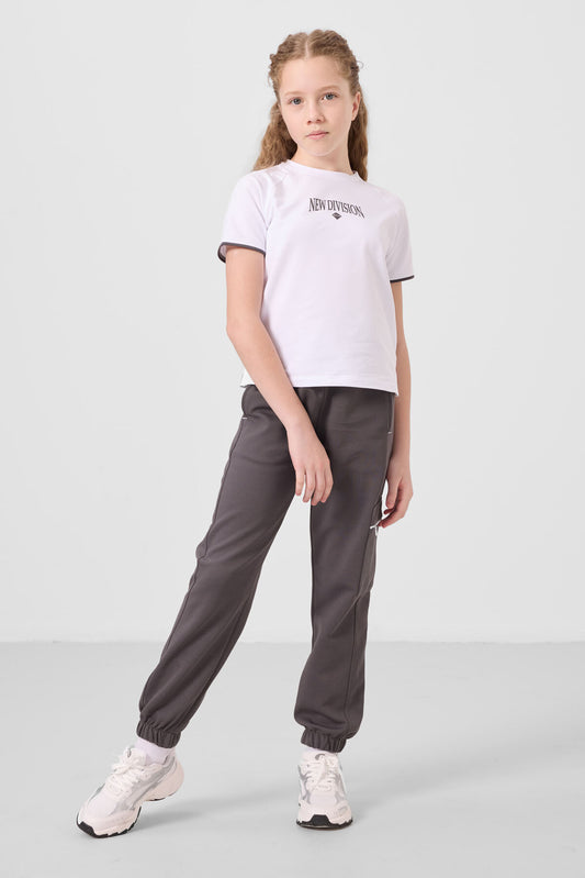 White-Dark Grey O Collar Printed Rubber Sleeve Cargo Pocket Tracksuit Set - 75173